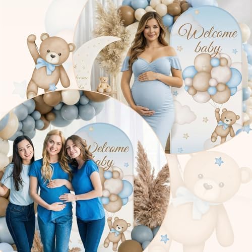 148 Pcs Bear Baby Shower Decorations Balloon Metal Arch Backdrop Stand and Cover Set Decor Dusty Blue and Brown Balloon Arch Kits Bear Baby Shower Gender Reveal Birthday Party Decorations - Image 4