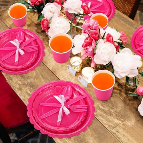 Ziliny 350 Pcs Hot Pink Plates and Napkins, 50 Guest Breast Cancer Awareness Party Supplies Include Scalloped Paper Plates Napkins Cups Plastic Spoons Forks Knives Disposable Tableware Set for Women - Image 5
