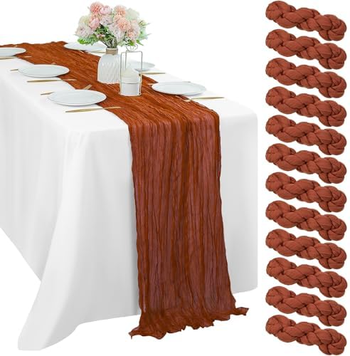 12 Pcs Cheesecloth Table Runner 10FT Terracotta Runner for Tables Gauze Fabric 35 x 120 Inches Long Boho Table Runner Decor Rustic Sheer Runner for Wedding Birthday Bridal Shower Party (Terracotta) by Sunnyline