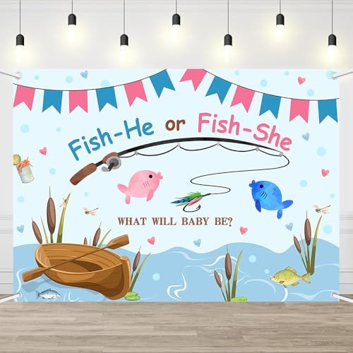 AIBIIN Fishing Gender Reveal Backdrop Blue and Pink Fish He Or Fish She What Will Baby Be Photography Background Ocean Boy or Girl Gender Reveal Party Banner Photo Prop 8x6ft by AIBIIN