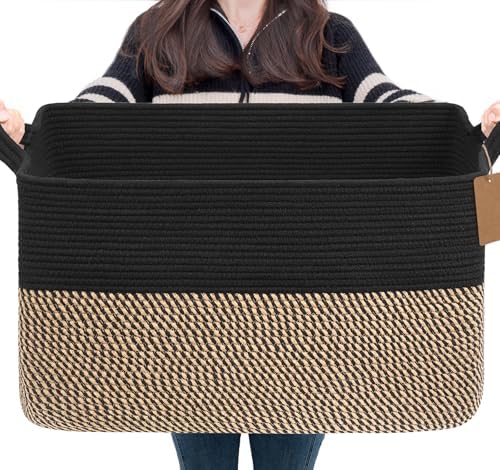 Goodpick 75L Extra Large Woven Blanket Basket, Rectangle, Black & Jute by Goodpick