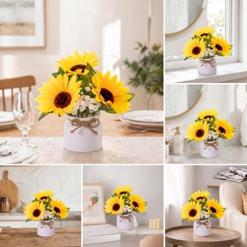 Zeyune 8 Pcs Sunflower Potted Plants Rustic Summer Spring Kitchen Wedding Table Centerpieces Silk Yellow Fake Flower with Plastic Pot for Home Bathroom Office (White, Sunflower and Baby's Breath) - Image 6