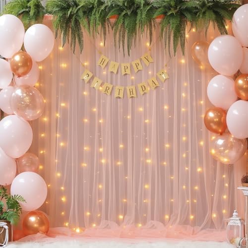 30x10ft Peach Tulle Backdrop Curtain with Lights String for Parites, Sheer Backdrop Curtains for Wedding Baby Shower Birthday Party Photo Shoot Decorations - Image 4