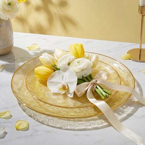 Festiva 60PCS Clear Yellow Gold Plastic Plates - Heavy Duty Fancy Disposable Plates With Gold Rim -serve for 30 guests Include 30PCS 10.25" & 30PCS 7.5" Honeycomb Design Plates for Party(Yellow) - Image 3