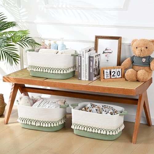 2 Pack Storage Basket, Heavy Tassel Woven Baskets for Storage, Boho Cotton Rope Storage Bin, Cube Organizer Bins, Baby Laundry Basket for Clothes, Toys, Diapers, Pets（White & Green） - Image 5