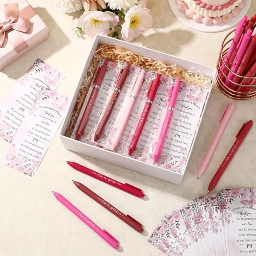 Engrowtic 50 Set Baby Shower Gifts Pens for Guests Bulk Baby Shower Party Favors Retractable Ballpoint Pens with Thank You Cards Gender Reveal Souvenirs Prizes Supplies Return Gifts (Pink Butterfly) - Image 6