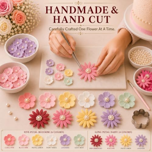 CONFECT Handmade Edible Gum Paste Flower Decorations – Celebration Blossom – 60 Piece Assorted Sugar Flower Set with Pearl Centers, Hand Cut Cake Flowers for Cakes, Cupcakes, Cookies & Desserts - Image 5