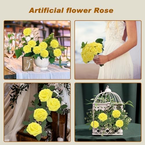 Artificial Flowers Yellow Realistic Roses, Real Looking Fake Roses with Stem for DIY Wedding Bouquets Centerpieces Bridal Shower Party Home Romantic Decorations (Yellow, 100pcs) - Image 2