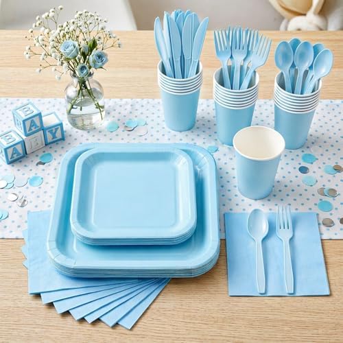 Vyntra 350 Pcs Light Blue Square Paper Plates and Napkins Set, Serves 50 - Image 5