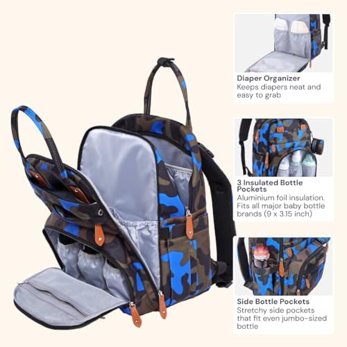 BabbleRoo Diaper Bag Backpack - Baby Essentials Travel Tote - Multi Function Water Resistant Diaper Bag, Travel Essentials Baby Bag with Changing Pad, Stroller Straps & Pacifier Case - Blue Camo - Image 4