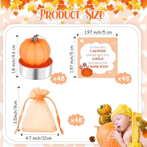 MTLEE 48 Sets Baby Shower Favors Include 48 Succulent Pumpkin Shaped Candles Fall Mini Plants Tea Lights Candles with 48 Invitations Cards and 48 Organza Bags for Baby Gender Reveal Guests(Pumpkin) - Image 4