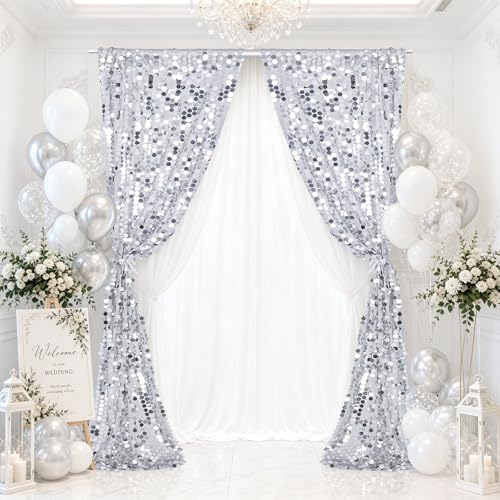 Silver Sequin Backdrop Curtain 2 Panels 2ftx8ft 18mm Glitter Shimmer Background Drapes for Wedding Party Baby Shower Photo Booth Decorations - Image 5