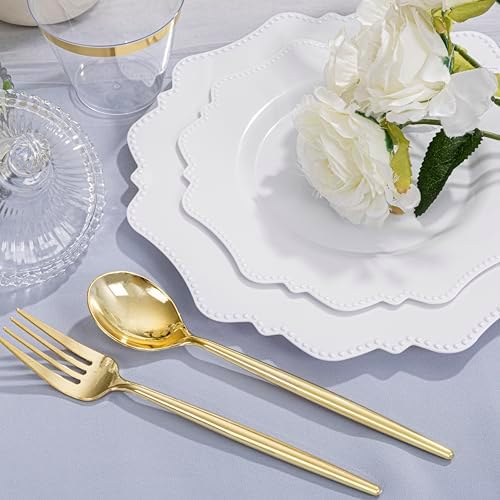COLOSUS 350PCS Fancy White Plastic Plates With Gold Plastic Cutlery Set. - Image 4