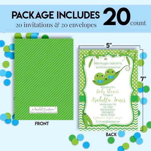 Amanda Creation Custom Baby Shower Invites Cute Pea Pod Invitation 20 5x7 Personalized Twin Boy Baby Shower Invitation Cards With Envelopes - Image 4