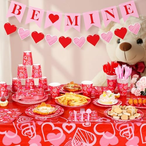 Ziliny 171 Pcs Valentine's Day Party Decorations Serve 24 Red Pink Hearts Paper Plates Napkins Cups Banner Tablecloth Cutlery Valentine Day Anniversary Wedding Baby Shower Party Supplies - Image 2