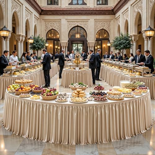 21ft Length Champagne Gold Satin Table Skirt for Rectangle Tables, Wrinkle Resistant Pleated Ruffle Table Cloth Glitter Desk Skirting for Weddings Banquet Birthday Party Stage Decorations by Partisky