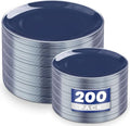 KIRE 200PCS Blue Plastic Plates with Silver Rim - Navy Blue Plastic Plates Include 100 Dinner & Dessert Plate - Heavy Duty Dark Blue Disposable Plate for Wedding/Parties by KIRE