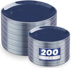 KIRE 200PCS Blue Plastic Plates with Silver Rim - Navy Blue Plastic Plates Include 100 Dinner & Dessert Plate - Heavy Duty Dark Blue Disposable Plate for Wedding/Parties by KIRE