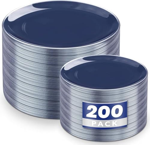 KIRE 200PCS Blue Plastic Plates with Silver Rim - Navy Blue Plastic Plates Include 100 Dinner & Dessert Plate - Heavy Duty Dark Blue Disposable Plate for Wedding/Parties by KIRE