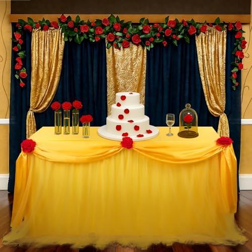 5 Pcs Rose Beauty Princess Party Decor Yellow Table Skirt Set 30 x 108 in by Windkream