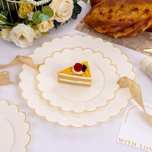 LIYH 60 Pcs Ivory and Gold Scalloped Plastic Plates - Disposable Fancy Combo Plates Includes 30 Dinner Plate 10.25" and 30 Dessert Plate 7.5" Plastic Heavy Weight Party Tableware Dishes - Image 2