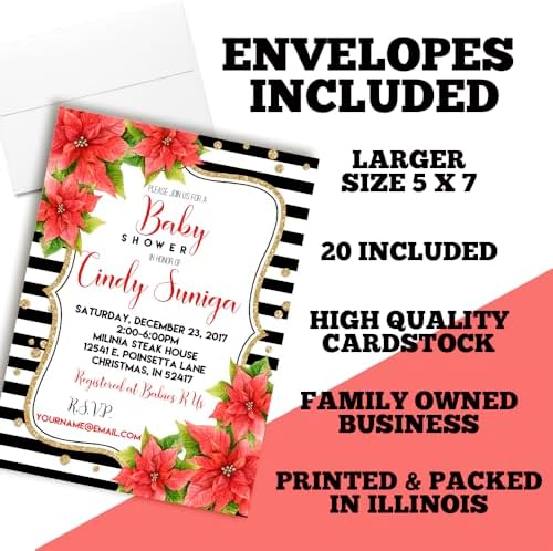 Amanda Creation Custom Baby Shower Invites Poinsettia Flowers Baby Shower Invitation 20 5x7 Custom Personalized Winter Invites With Envelopes - Image 6