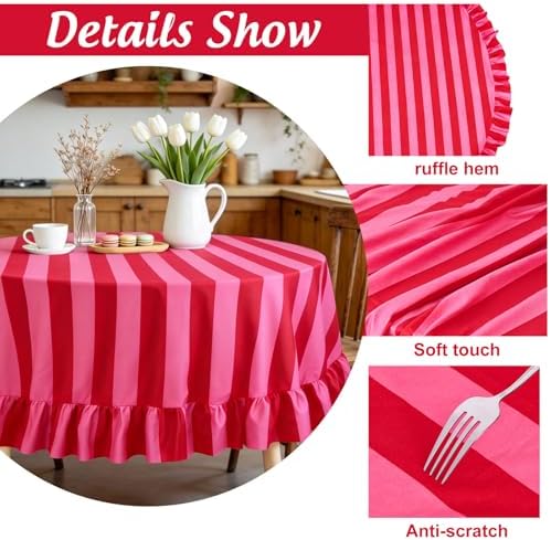 JarThenaAMCS Ruffle Tablecloth Boho Pink Red Striped Table Cloth Round Decorative Table Cover for Home Kitchen Baby Shower Party Wedding Decor, 70 Inch - Image 3