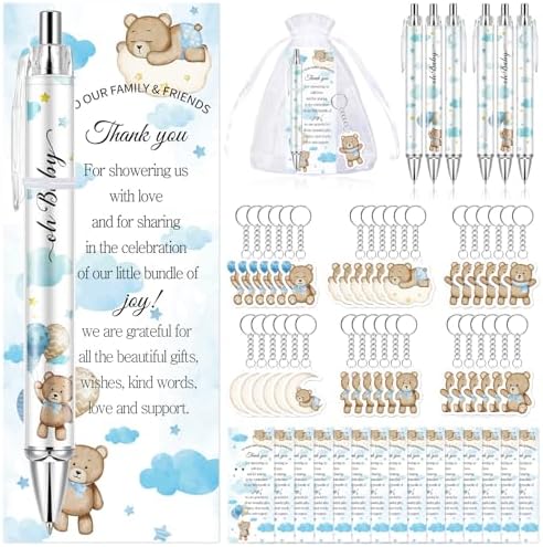 145Pcs Baby Shower Favors for Guest Blue Bear Ballpoint Pens Retractable Baby Shower Pens with Greeting Thank You Cards Keychains Organza Bags for Gender Reveal Souvenirs Prizes Return Gifts by Lebsitey
