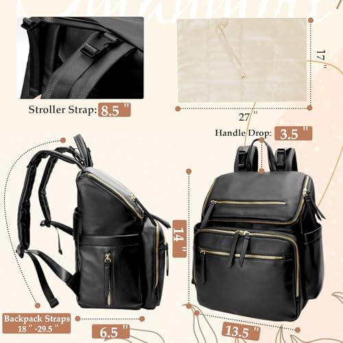 Omanmoli Diaper Bag Backpack Baby Diaper Bag Leather with 17 Diaper Bag Organizing Pouches,Changing Pad,Stroller Straps,4 Insulated Pockets,Black - Image 5