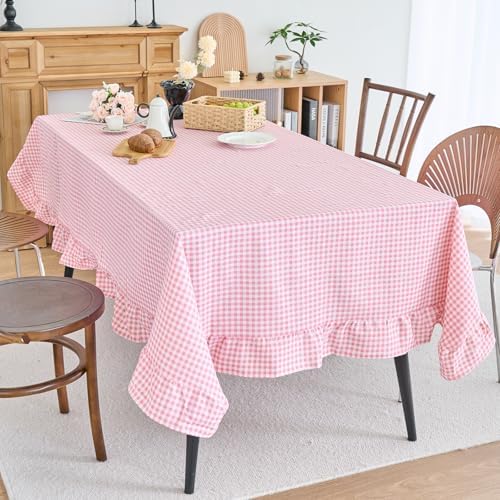 vctops Farmhouse Pink Plaid Ruffle Table Cloth, Boho Cotton Linen Tablecloth, Washable Table Cover for Rectangle Table Baby Shower Kitchen Party Wedding Decor (Pink,70"x134") - Image 2