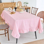 vctops Farmhouse Pink Plaid Ruffle Table Cloth, Boho Cotton Linen Tablecloth, Washable Table Cover for Rectangle Table Baby Shower Kitchen Party Wedding Decor (Pink,70"x90") - Image 2