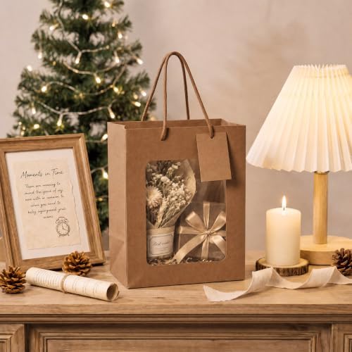 80 Pcs 9.8 x 5.1 x 7.1 in Brown Kraft Paper Gift Bags with Window & Handles - Image 5