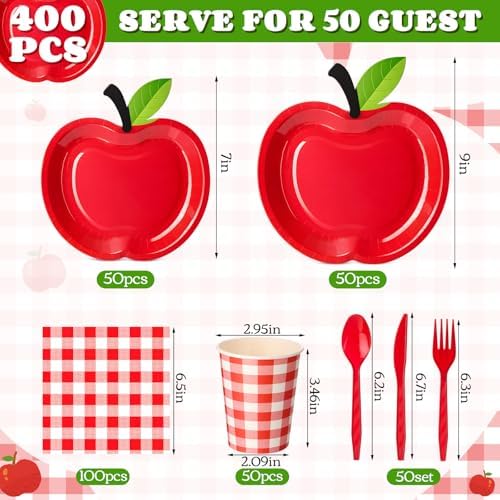 400 Pcs Back to School Party Supplies Serve 50, Apple Paper Plates Napkins Cups Apple Decoration Red Gingham Tableware Set for Last/First Day of School Party Supplies - Image 3