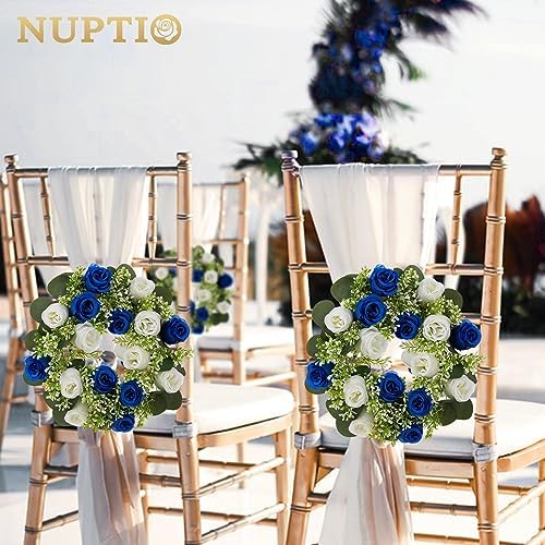 NUPTIO Flower Candle Rings for Centerpieces: 13.4 Inch Rose Wreath for Wedding Party Christmas - Royal Blue & White Wreaths for Spring Summer Front Door Porch Table Decor 2 Pcs - Image 3