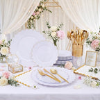 LIYH 210 Pcs Gold Scalloped Plastic Dinnerware Set 30 Guests - White Gold - Image 6