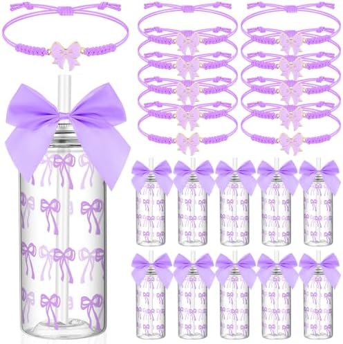 Yungyan Purple 36 Pcs Bow Plastic Cups with Lids and Straws Coquette Bow Bracelets Clear Reusable Soda Bar Party Drinking Cups for Dance Ballet Wedding Baby Shower Birthday Party Supplies by Yungyan