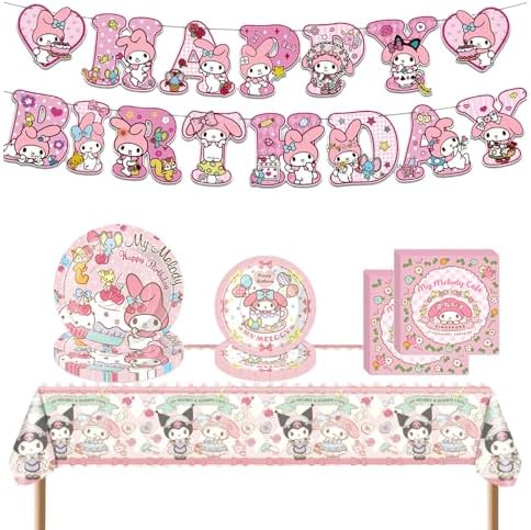 Meledy Birthday Party Supplies, Kawaii Cartoon Party Tableware with Happy Birthday Banner, Tablecloth, Disposable Paper Plates with Napkins for Fans Kids Party Decorations Serves 20 Guests by Lamden
