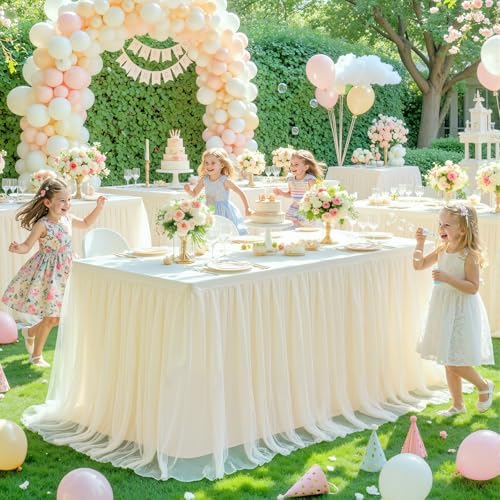2 Pack Champagne Table Cloth for 6 Foot Rectangle Tables, Stretch Fitted Tulle Table Covers Skirt, Rectangular Ruffle Tutu Tablecloth Wedding Banquet Baby Shower Cake Tablecloths Decorations - Image 4