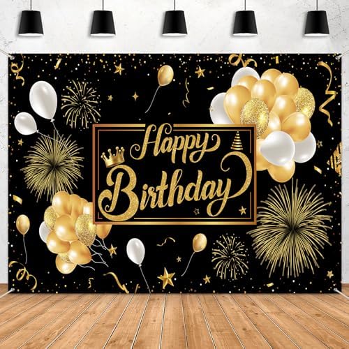 Black and Gold Happy Birthday Party Decoration Backdrop - 10x8ft Golden Balloons Glitter Birthday Backdrop for Women Men Photo Background Banner Extra Large Wall Decor by Unknown