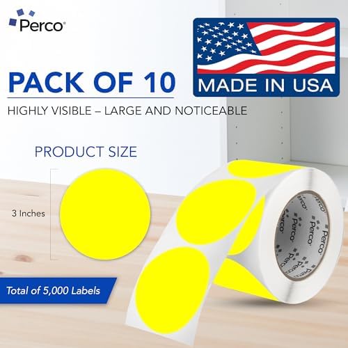 Perco Neon Yellow Perforated Round Circle Dot Sticker 3-Inch Labels — 10 Rolls, 5,000 Stickers - Price Signs, Alerts, Notes & Warning Labels, High Visibility - Made in USA - Image 2