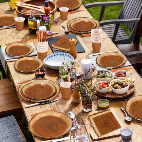 400 Pieces Camping Wood Grain Slice Party Supplies Set Paper Plate Cup Napkin for Camping Woodland Baby Shower Lumberjack Birthday Featuring a Round Wooden Slice Die Cut Edge Design Serve 50 - Image 5