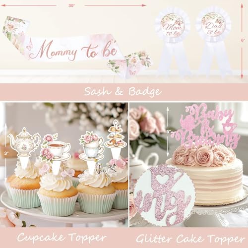 Hombae Tea Party Baby Shower Decorations, 139 PCs - A Baby Is Brewing Party Supplies with Teapot Backdrop, Pink Balloons Garland, Floral Garden Tablecloth, Cake Topper Mommy to Be Sash - Image 4