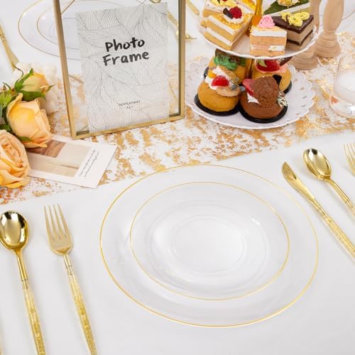 Liacere 150PCS Clear Gold Plastic Plates - Gold Plastic Silverware with Glitter Handle - Clear Disposable Plates Include 30 Guests Plates, Forks, Spoons, Knives for Wedding & Party - Image 3