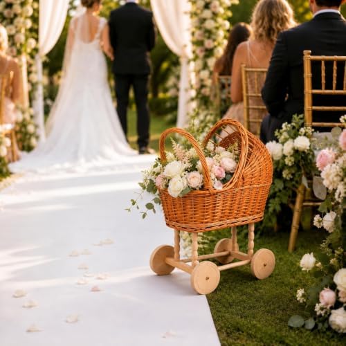 Wicker Baby Carriage Basket, Vintage Rattan Stroller Flower Basket for Baby Shower Centerpiece, Woven Carriage Decor for Wedding, Nursery Display and Photography Prop (Extra Large) - Image 3