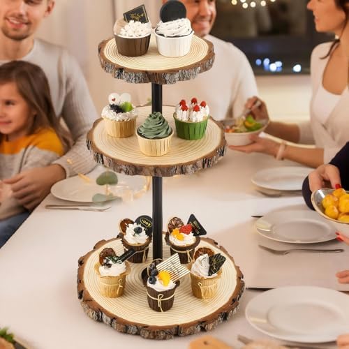 Chunful Rustic 3 Tier Round Natural Wood Cupcake Dessert Stand, Cup Cake Tower Stand Holder, Wooden Cake Display Tiered Centerpiece for Party, Birthday, Wedding, Baby Shower, Holiday Decoration - Image 6