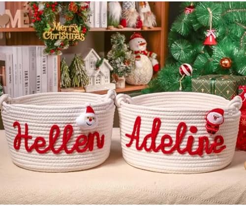 Personalized Cute Small Woven Basket with Handles, Custom Cotton Rope Room Shelf Storage Basket, Empty Decorative Gift Basket, Decorative Round Bin for Nursery Bedroom Bathroom (Style F) - Image 4