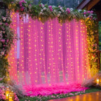 10×10ft Hot Pink Tulle Backdrop Curtain with Lights String for Parties, Sheer Photo Backdrop Curtains for Wedding Party Photography Background by WishCare