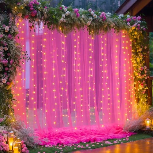 10×10ft Hot Pink Tulle Backdrop Curtain with Lights String for Parties, Sheer Photo Backdrop Curtains for Wedding Party Photography Background by WishCare