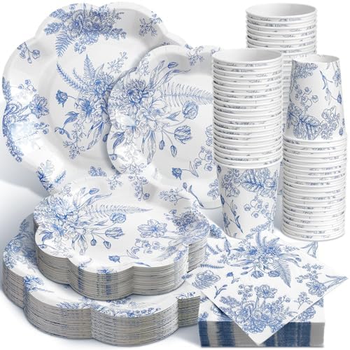 Newtay 250 Pcs Blue Floral Disposable Paper Plate Napkins by Newtay