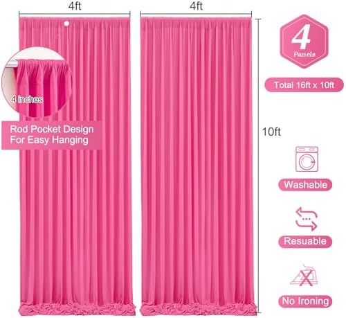 Hot Pink Backdrop Curtain 4 Panels-Wrinkle-Free Polyester Photography Drapes for Wedding Party Photo Background Decorations- 16 X10FT (Hot Pink) - Image 3